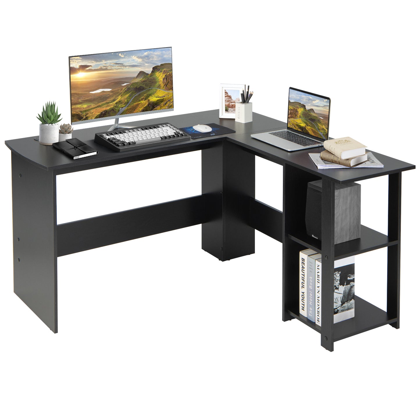 L Shaped Computer Desk With Storage Shelves, Black