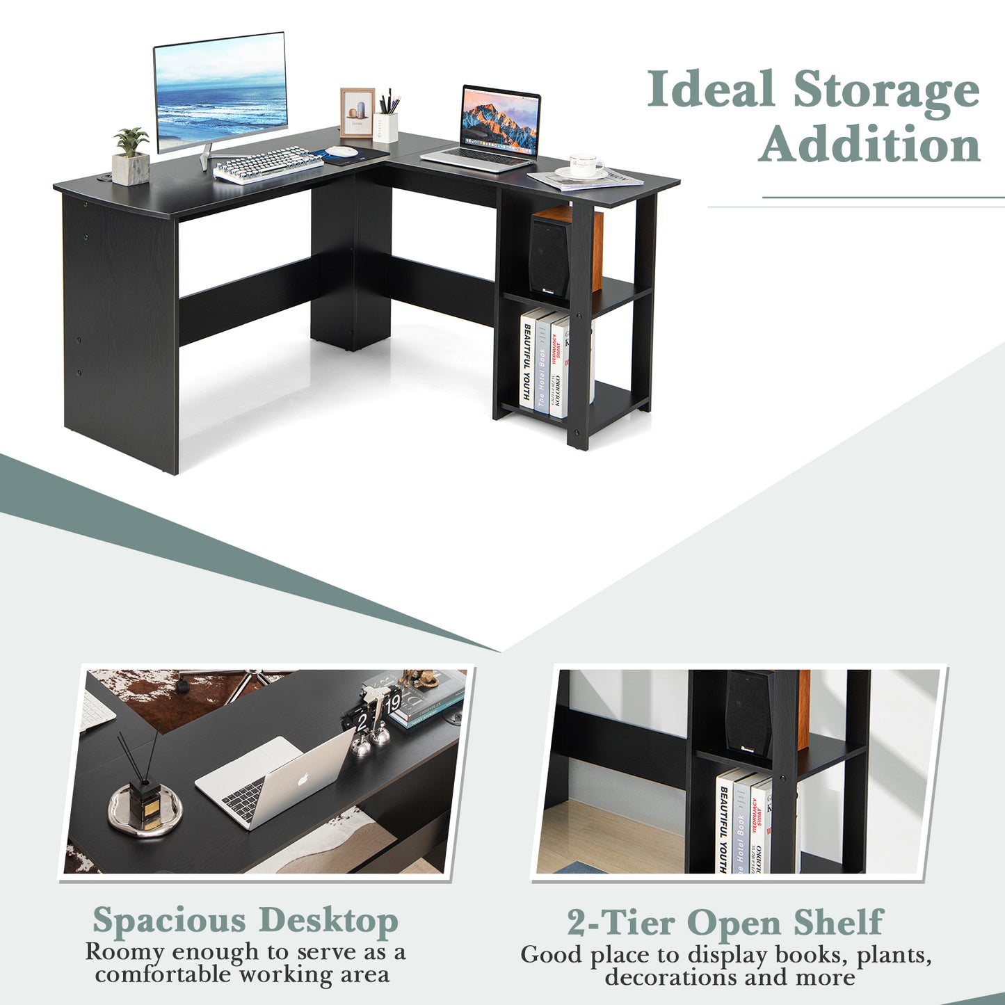 L Shaped Computer Desk With Storage Shelves, Black