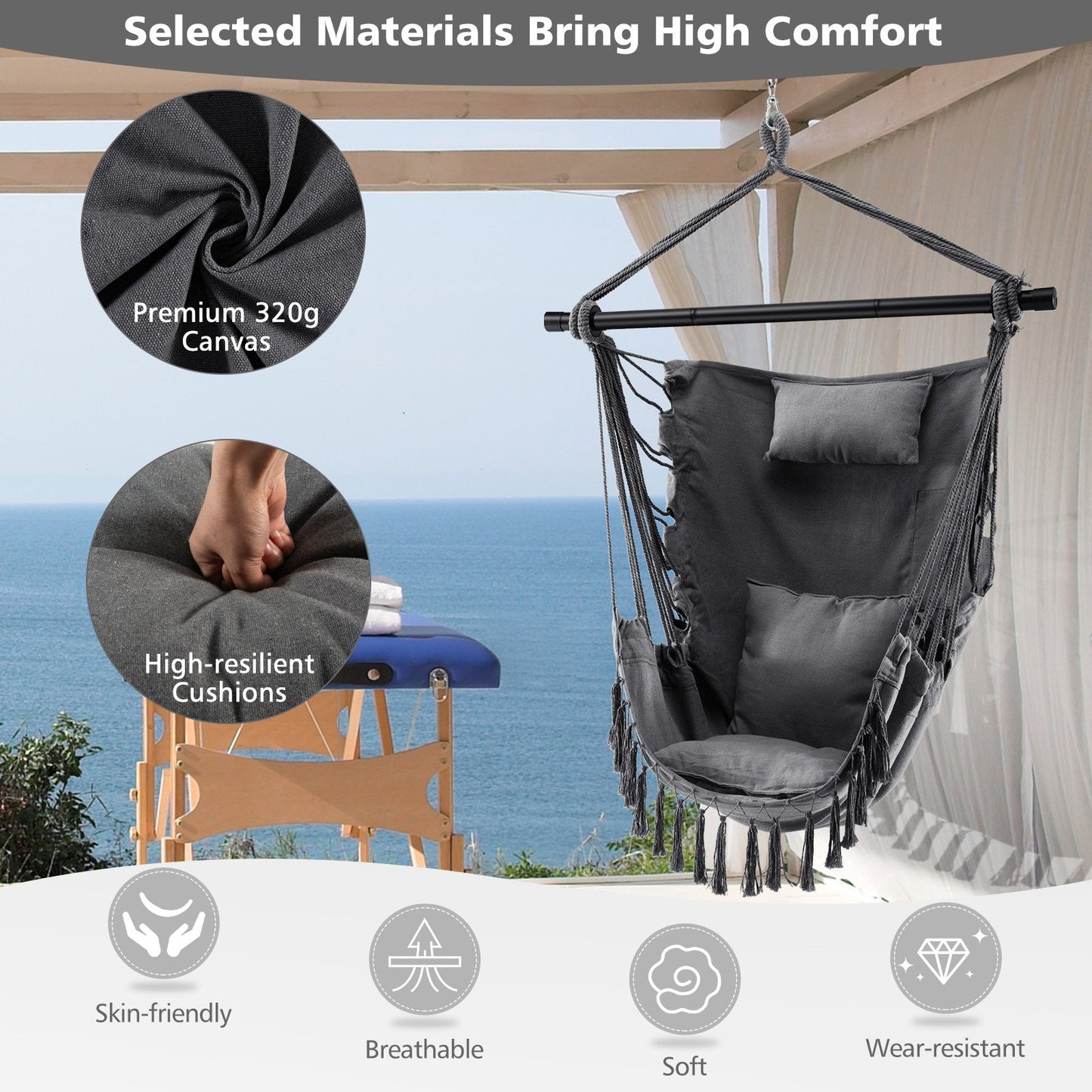 Hanging Rope Swing Chair with Soft Pillow and Cushions, Gray - Gallery Canada