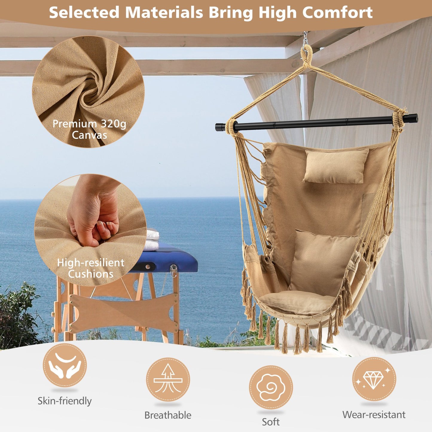 Hanging Rope Swing Chair with Soft Pillow and Cushions, Beige - Gallery Canada