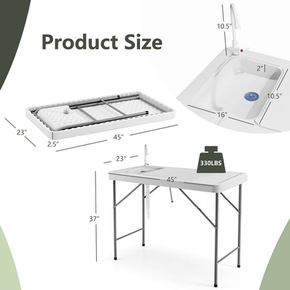 Folding Fish Cleaning Table with Sink and Faucet for Dock Picnic, White - Gallery Canada