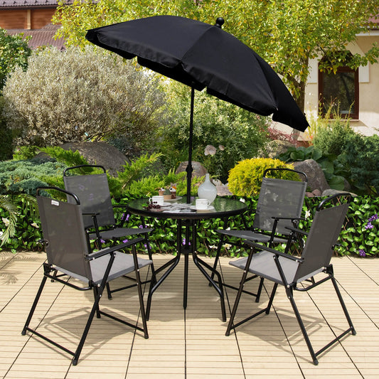 6 Pieces Patio Dining Set Folding Chairs Glass Table Tilt Umbrella for Garden, Gray - Gallery Canada