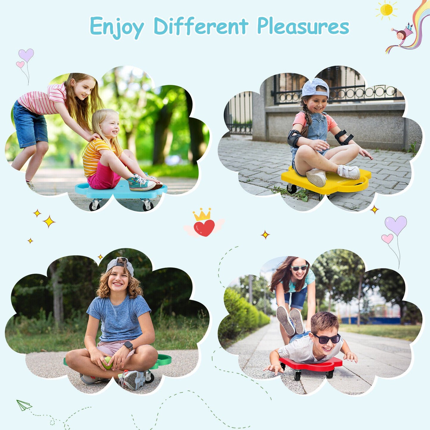 4 Pieces Kids Sitting Scooter Set with Handles and Non-marring Universal Casters, Multicolor - Gallery Canada