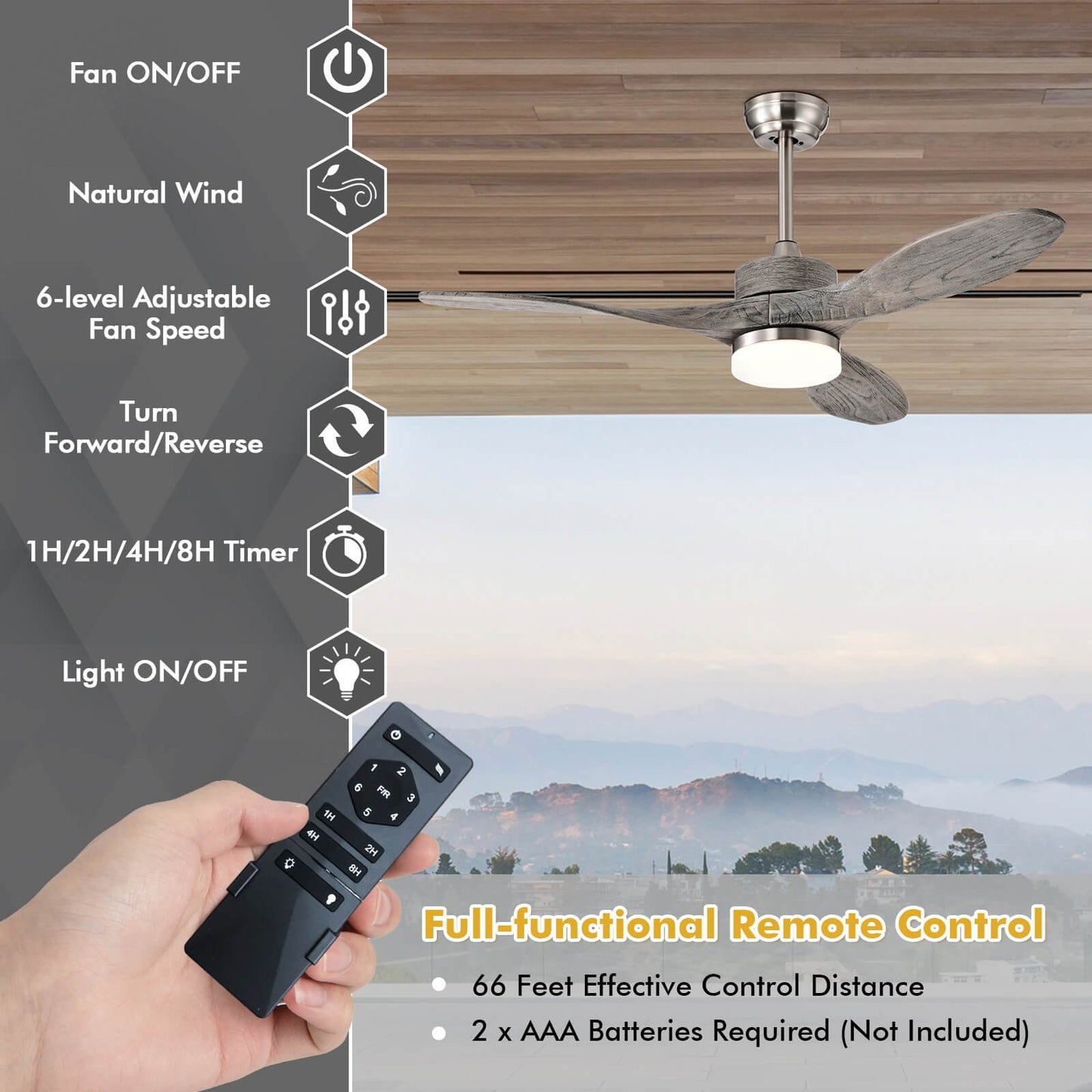 48 Inch Wood Ceiling Fan with LED Lights and 6 Speed Levels, Silver at Gallery Canada