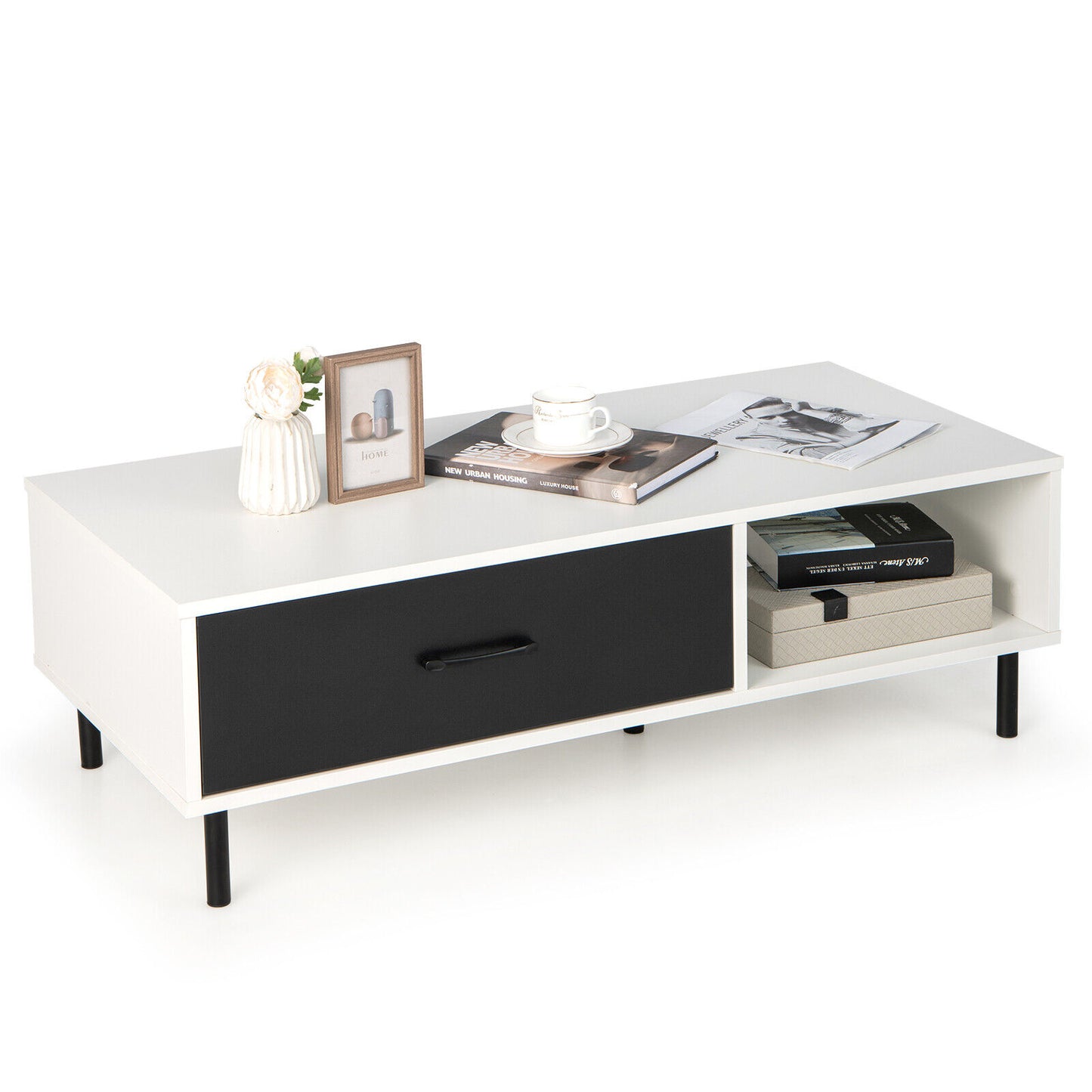 Table basse à deux niveaux avec rangement, Noir et Blanc
