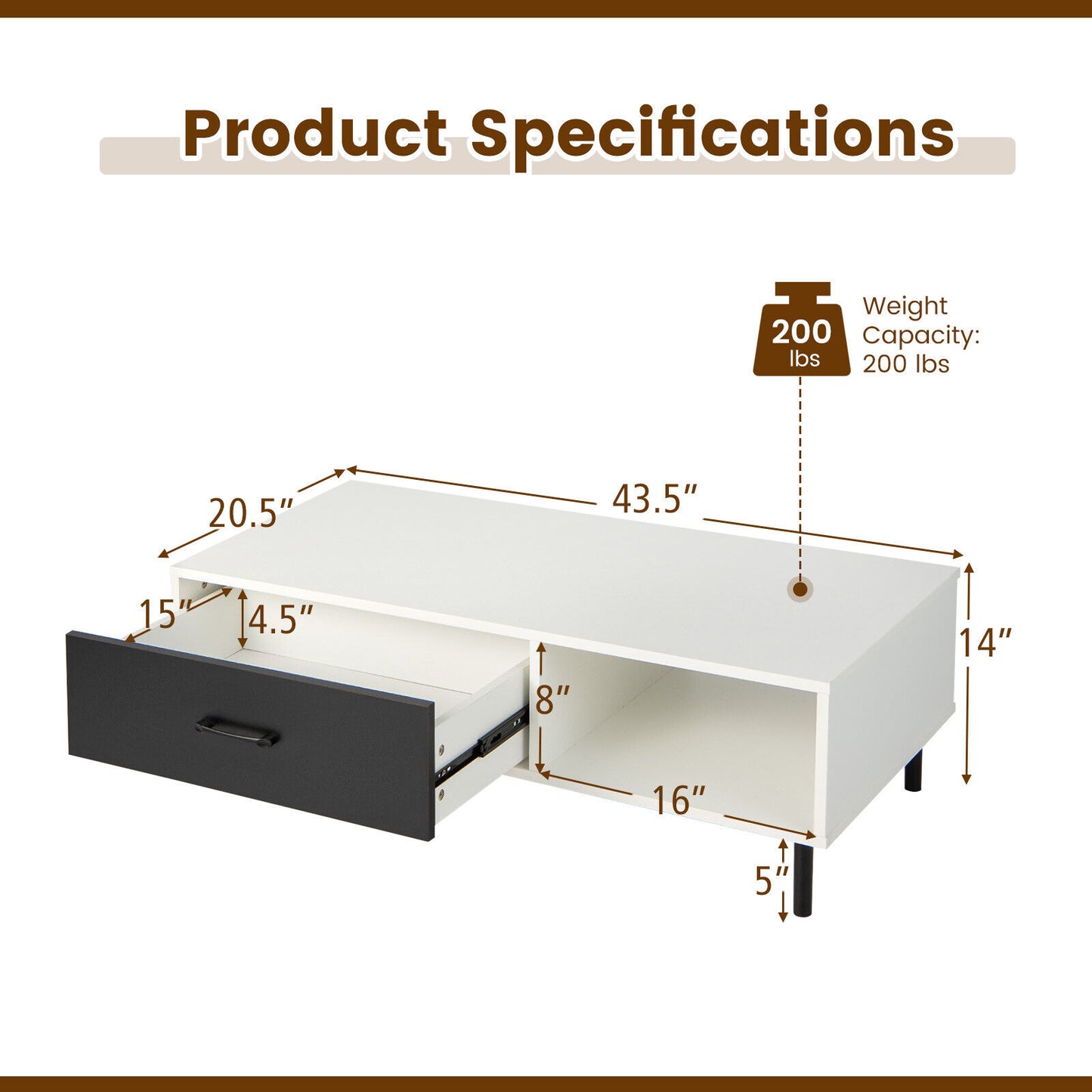 Table basse à deux niveaux avec rangement, Noir et Blanc