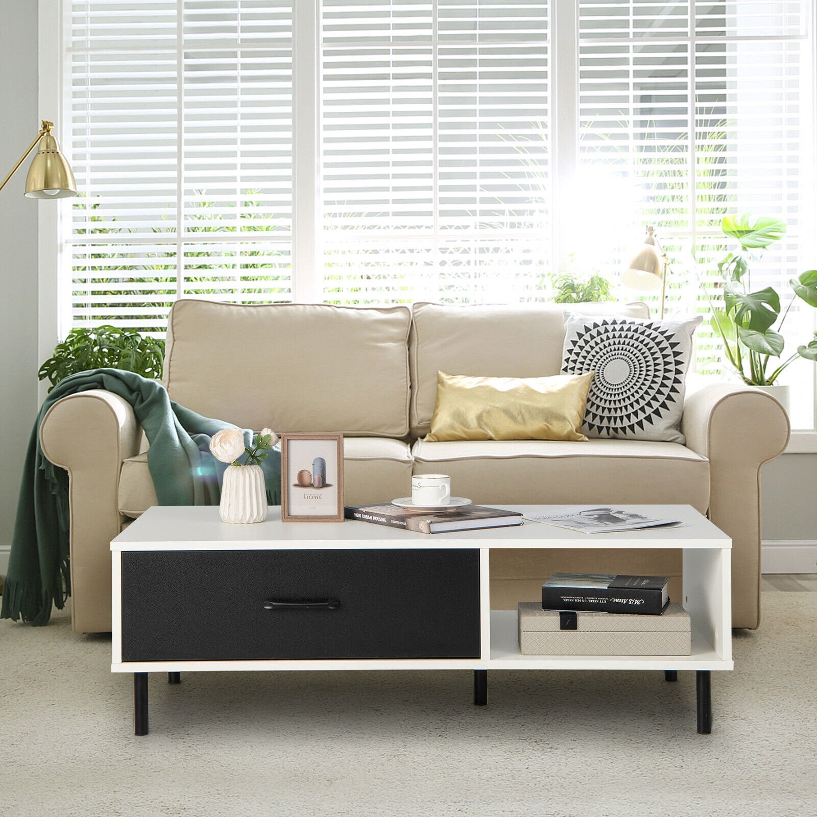 Modern 2-Tier Coffee Table Accent Cocktail Table with Storage, Black & White - Gallery Canada