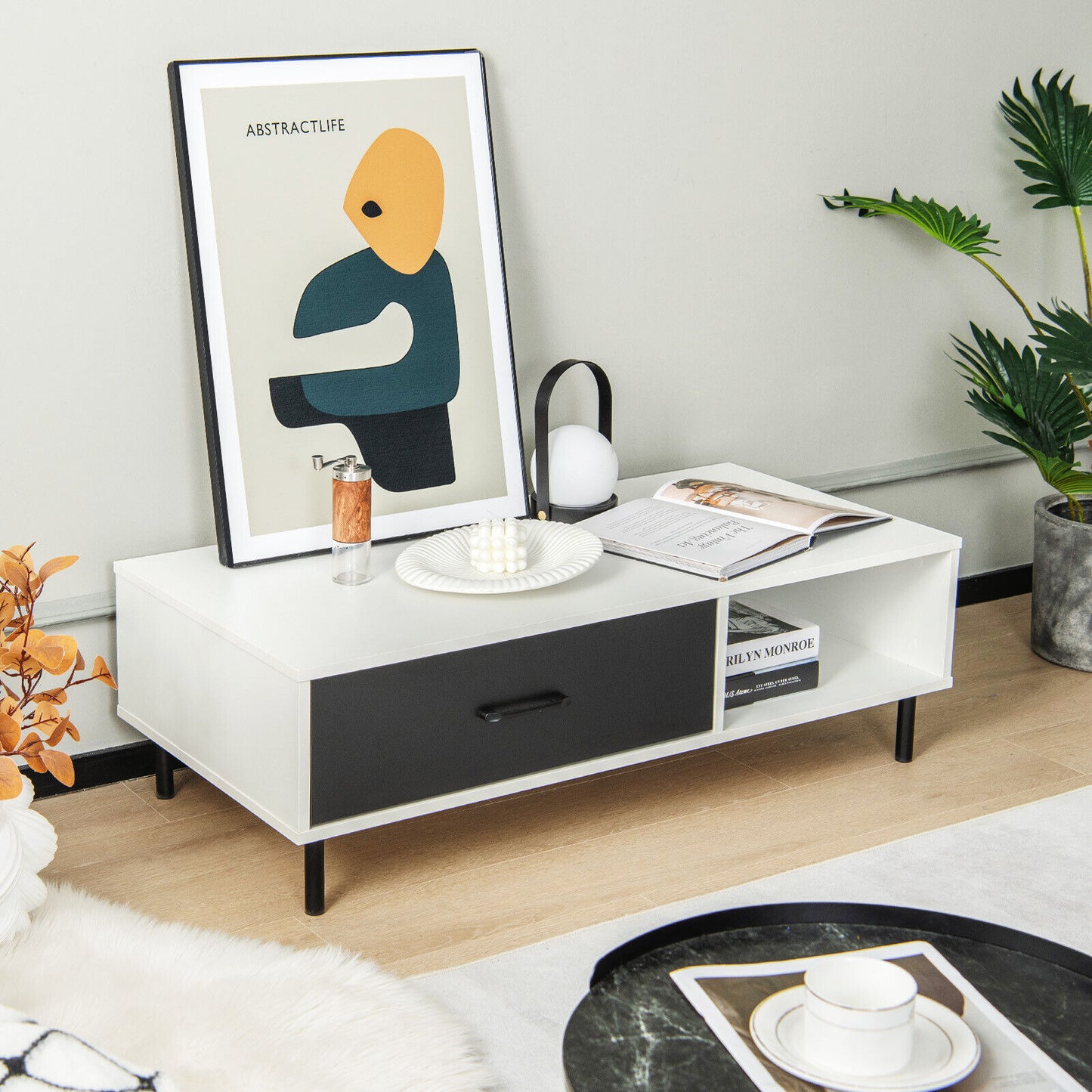 Table basse à deux niveaux avec rangement, Noir et Blanc