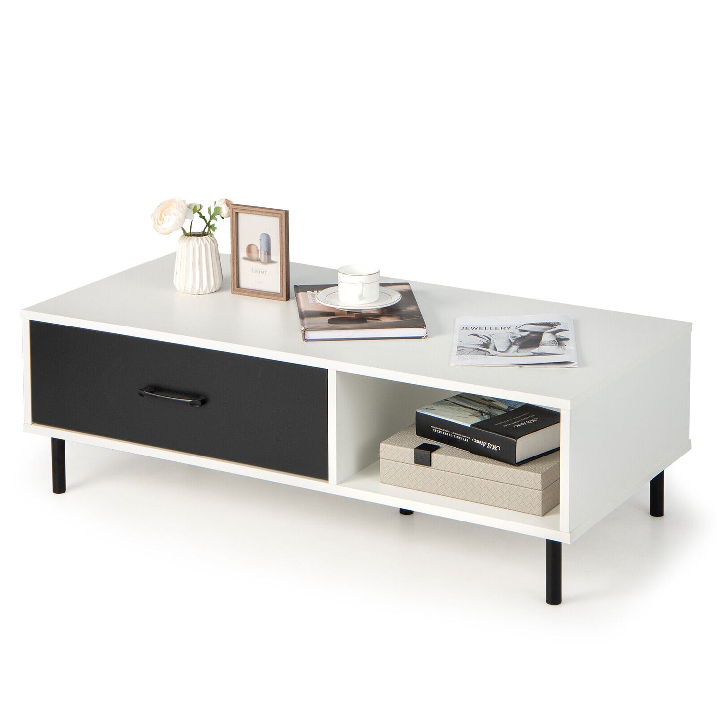Table basse à deux niveaux avec rangement, Noir et Blanc