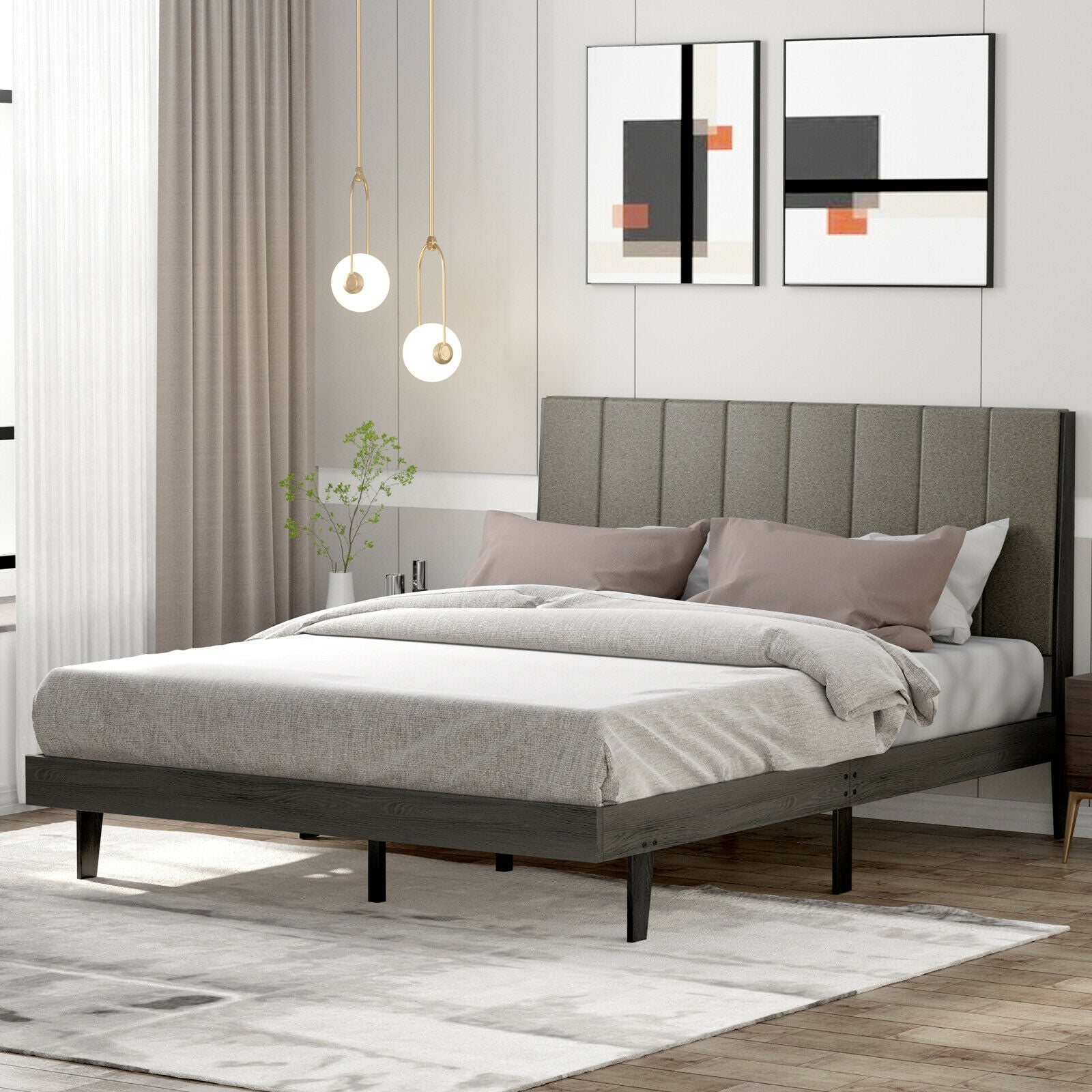 Queen Size Upholstered Bed Frame with Tufted Headboard, Gray Simple Bed Frame at Gallery Canada