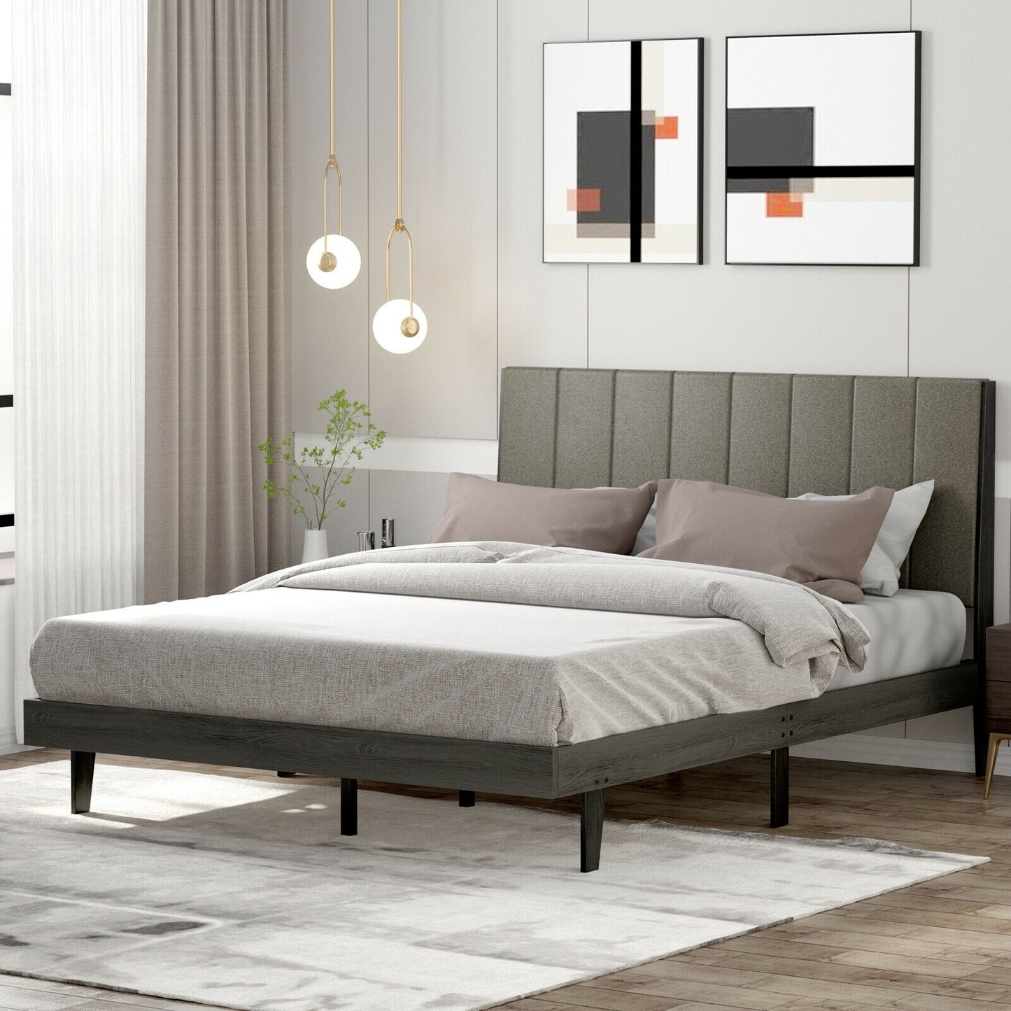 Queen Size Upholstered Bed Frame with Tufted Headboard, Gray Simple Bed Frame at Gallery Canada