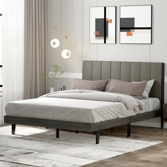 Queen Size Upholstered Bed Frame with Tufted Headboard, Gray - Gallery Canada