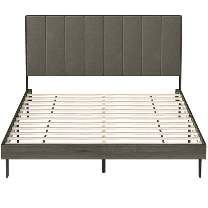 Queen Size Upholstered Bed Frame with Tufted Headboard, Gray Simple Bed Frame at Gallery Canada