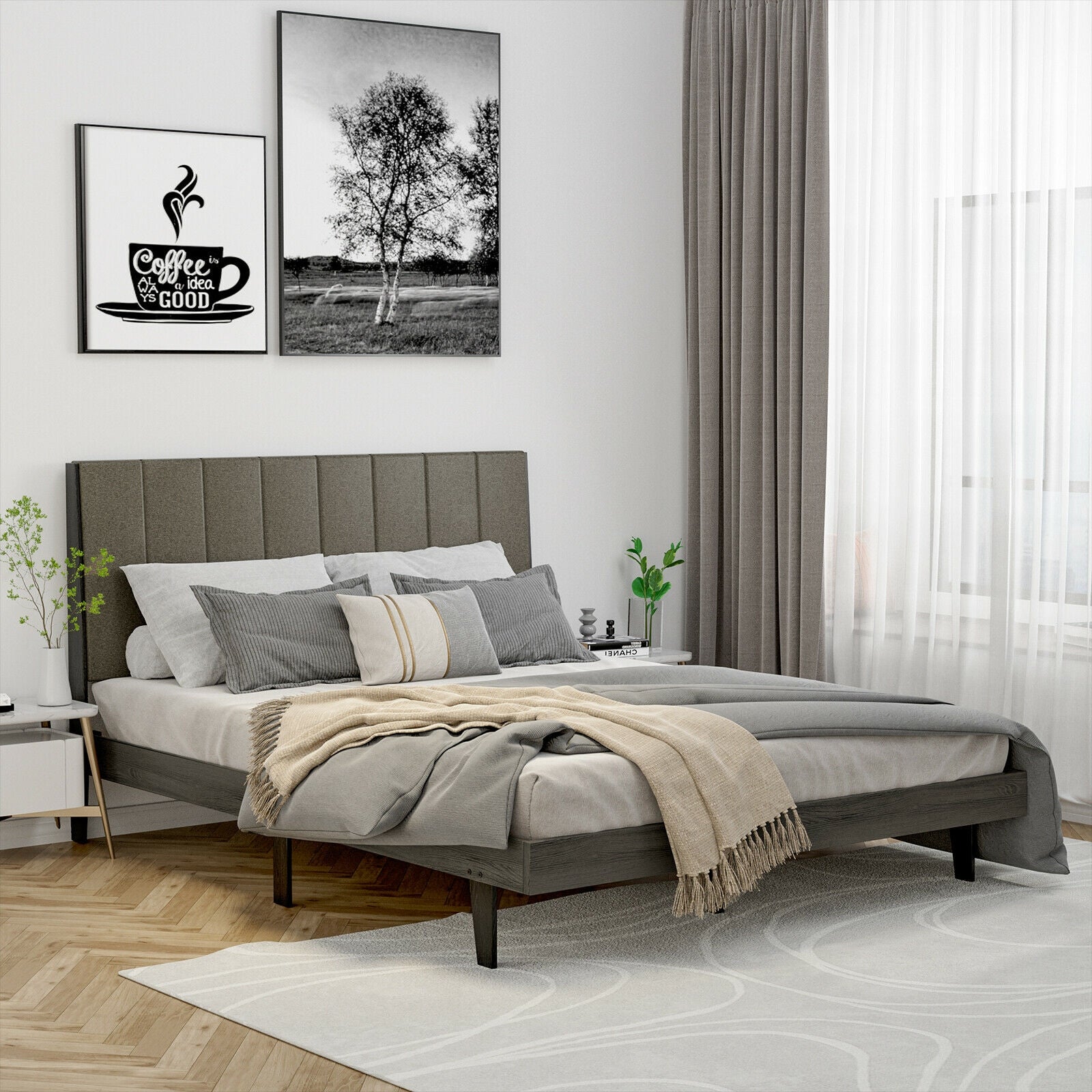 Queen Size Upholstered Bed Frame with Tufted Headboard, Gray Simple Bed Frame at Gallery Canada
