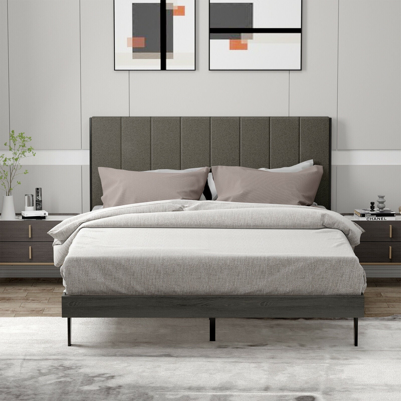 Queen Size Upholstered Bed Frame with Tufted Headboard, Gray Simple Bed Frame at Gallery Canada