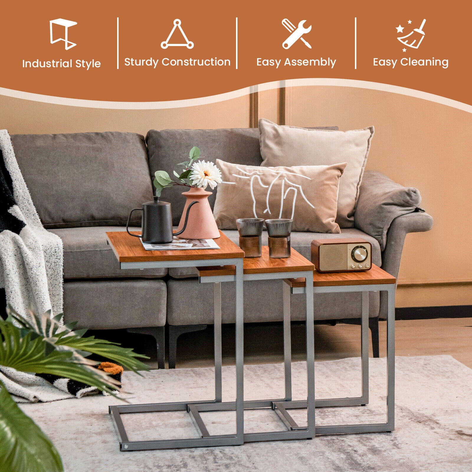 3 Pieces Multifunctional Coffee End Table Set, Brown End & Side Tables at Gallery Canada