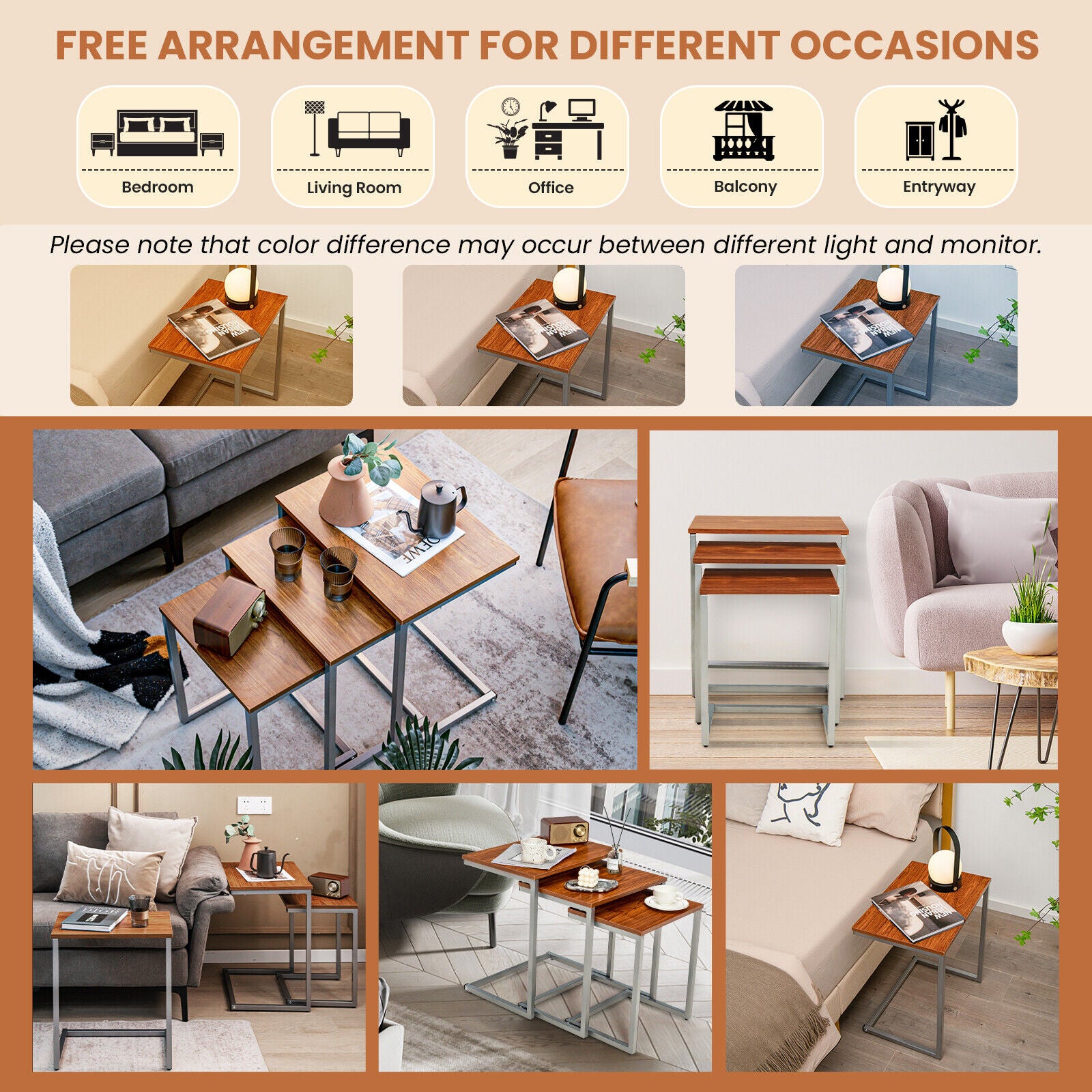 3 Pieces Multifunctional Coffee End Table Set, Brown End & Side Tables at Gallery Canada