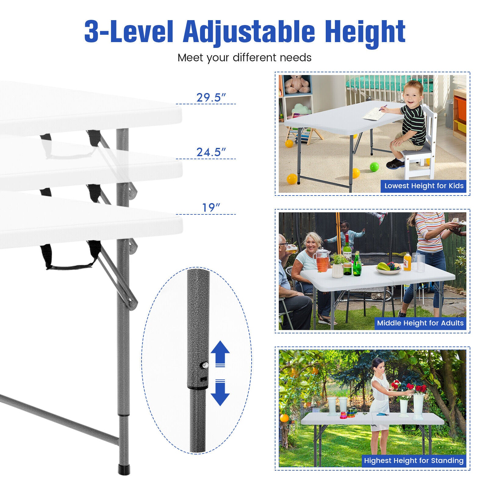 3-Level Height Adjustable Folding Table, White Camping Furniture at Gallery Canada