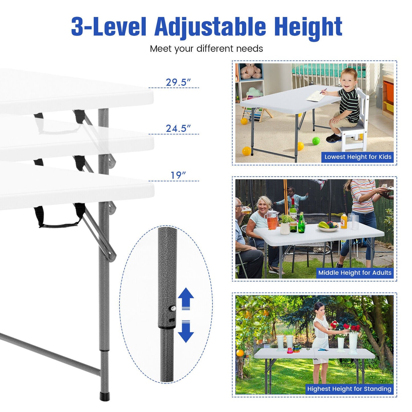 3-Level Height Adjustable Folding Table, White - Gallery Canada
