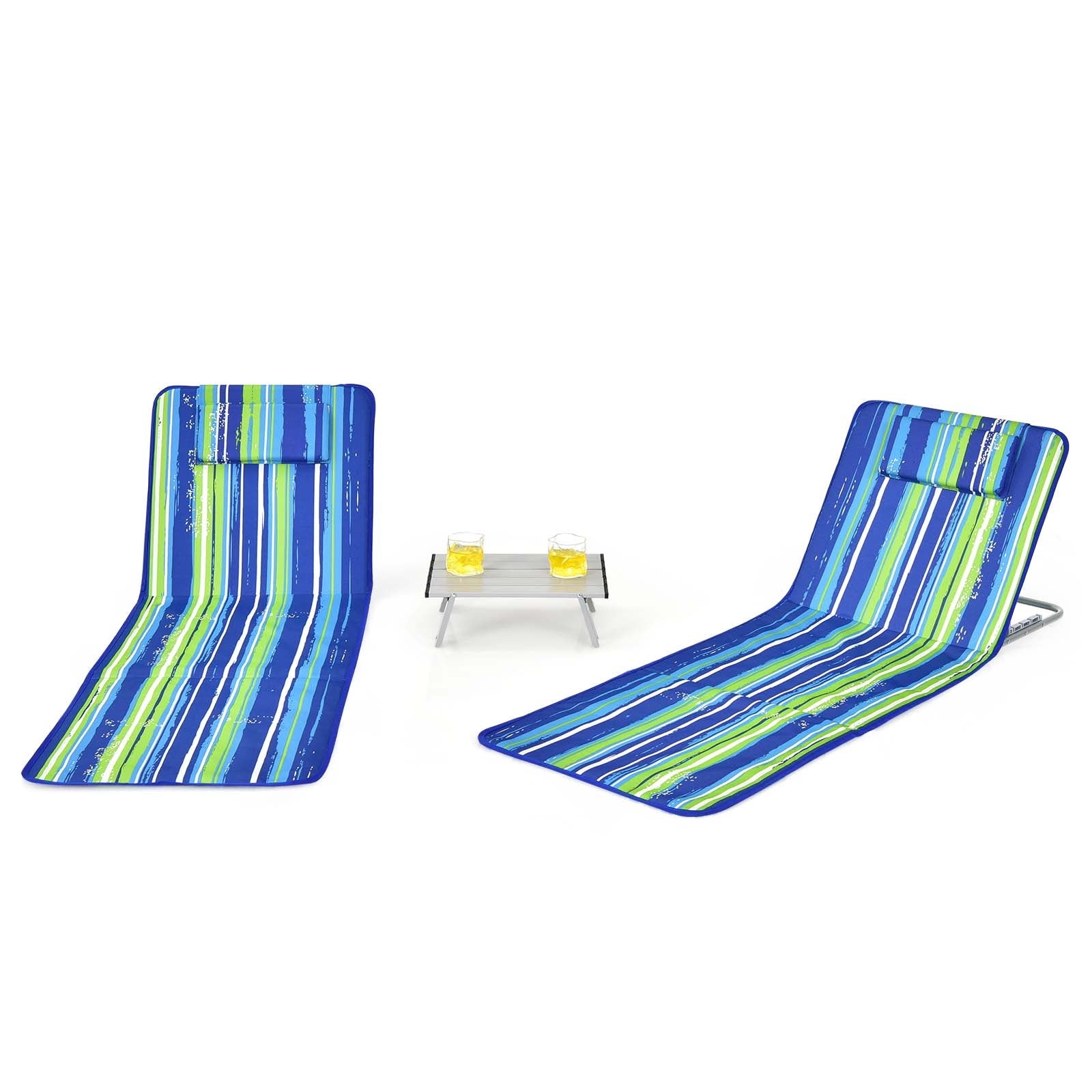 3 Pieces Beach Lounge Chair Mat Set 2 Adjustable Lounge Chairs with Table Stripe-Stripe, Blue & Green Beach & Lawn Chairs at Gallery Canada