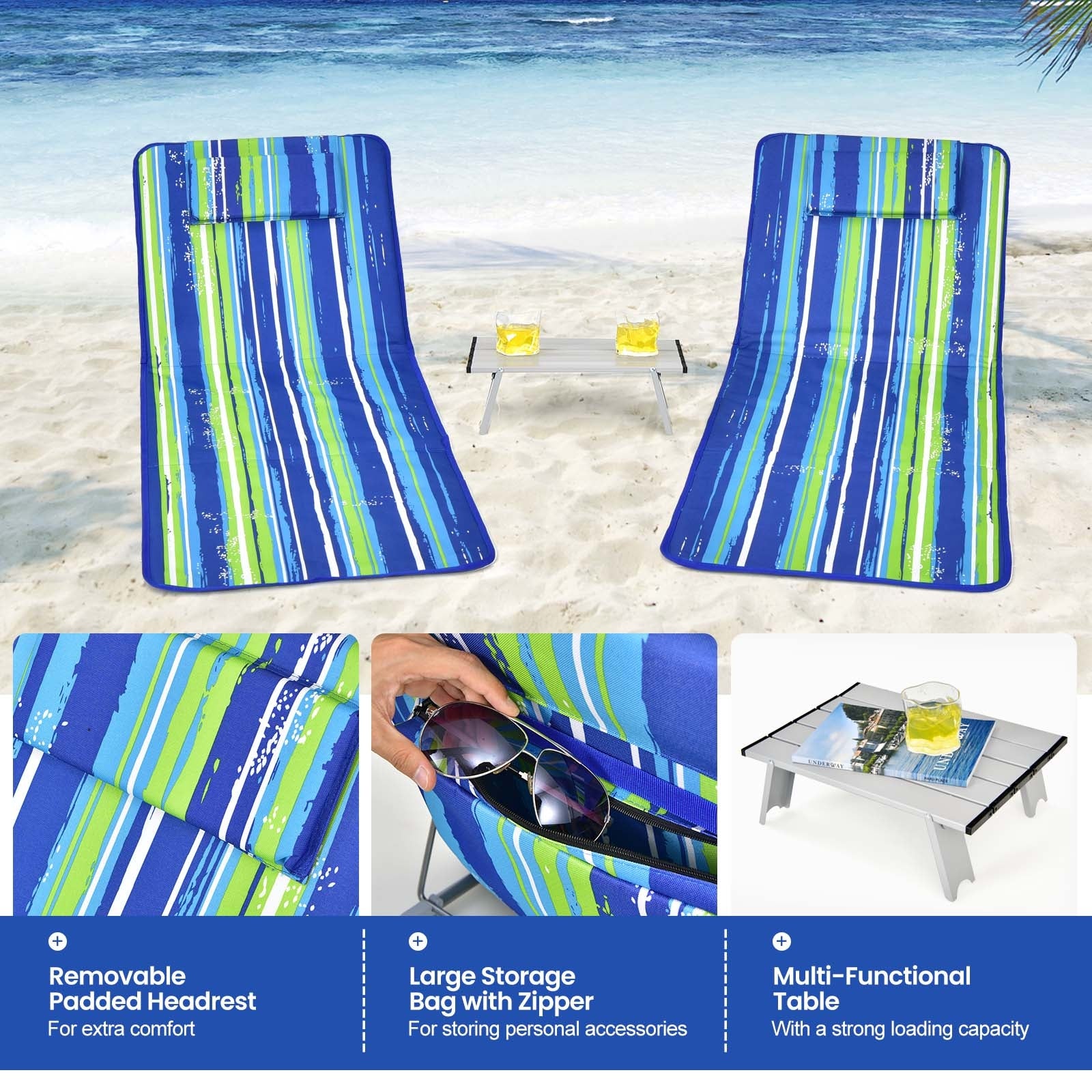 3 Pieces Beach Lounge Chair Mat Set 2 Adjustable Lounge Chairs with Table Stripe-Stripe, Blue & Green Beach & Lawn Chairs at Gallery Canada