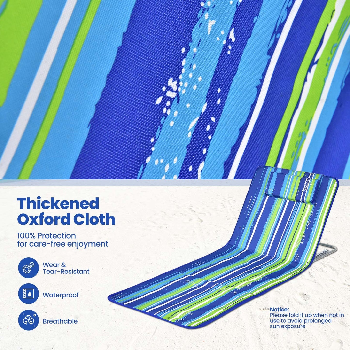 3 Pieces Beach Lounge Chair Mat Set 2 Adjustable Lounge Chairs with Table Stripe-Stripe, Blue & Green Beach & Lawn Chairs at Gallery Canada