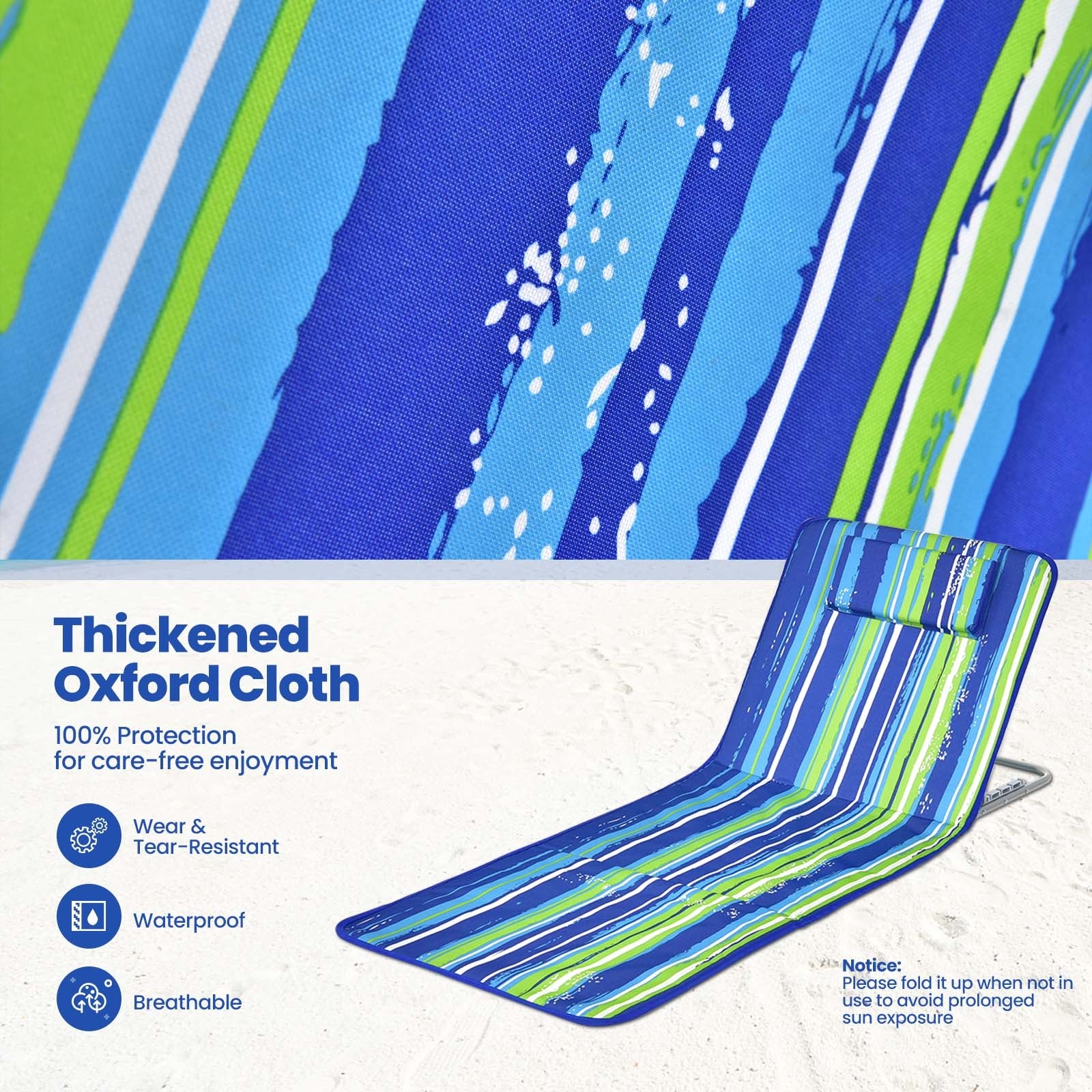 3 Pieces Beach Lounge Chair Mat Set 2 Adjustable Lounge Chairs with Table Stripe-Stripe, Blue & Green Beach & Lawn Chairs at Gallery Canada