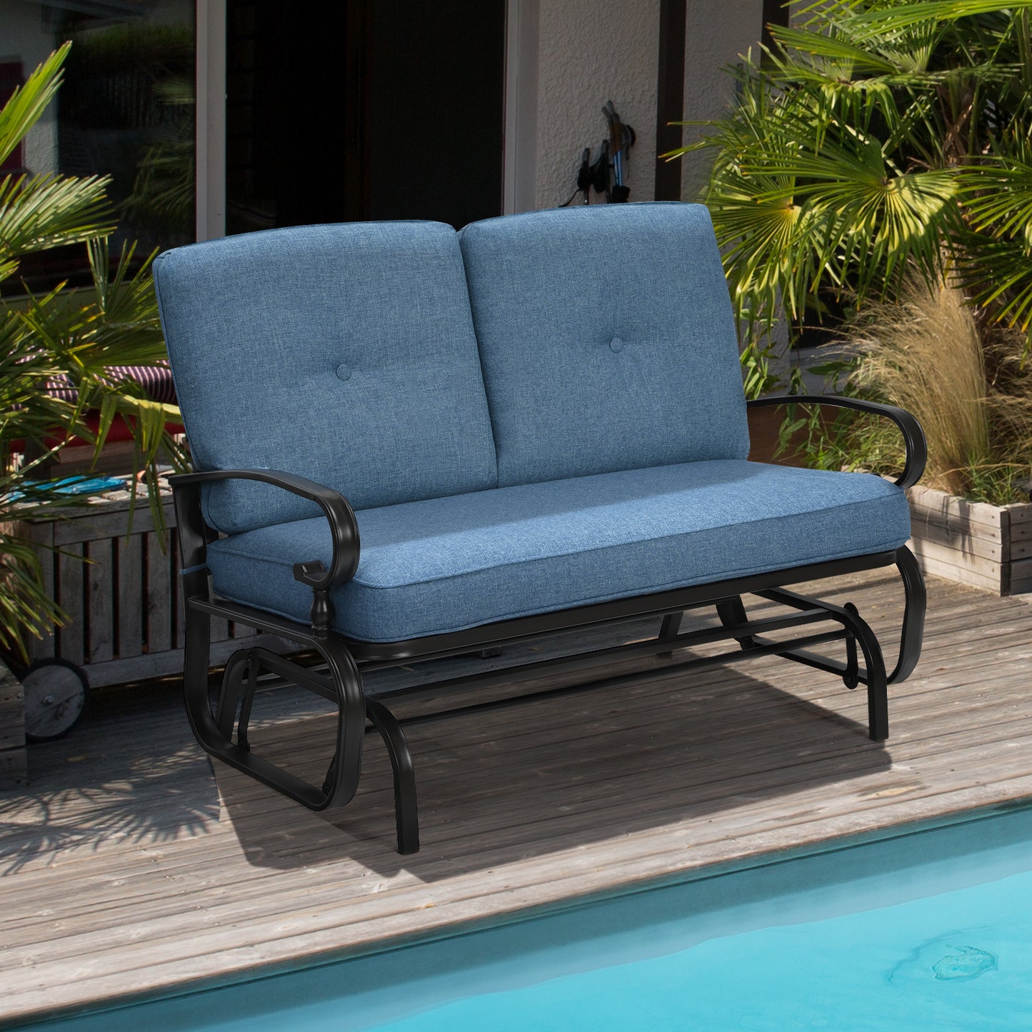 2 Seats Outdoor Swing Glider Chair with Comfortable Cushions, Blue Patio Rocking Chairs & Gliders at Gallery Canada