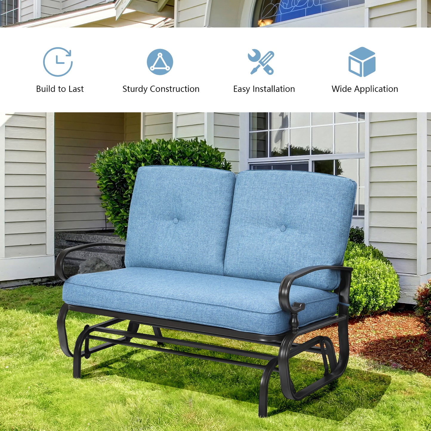 2 Seats Outdoor Swing Glider Chair with Comfortable Cushions, Blue Patio Rocking Chairs & Gliders at Gallery Canada