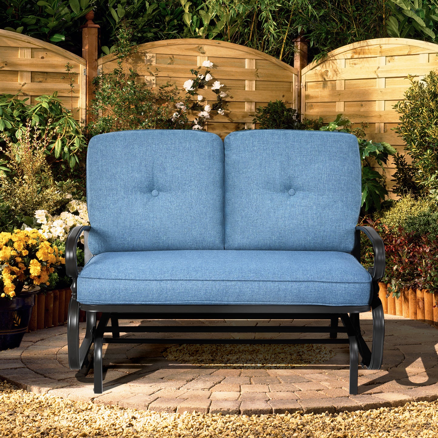 2 Seats Outdoor Swing Glider Chair with Comfortable Cushions, Blue Patio Rocking Chairs & Gliders at Gallery Canada