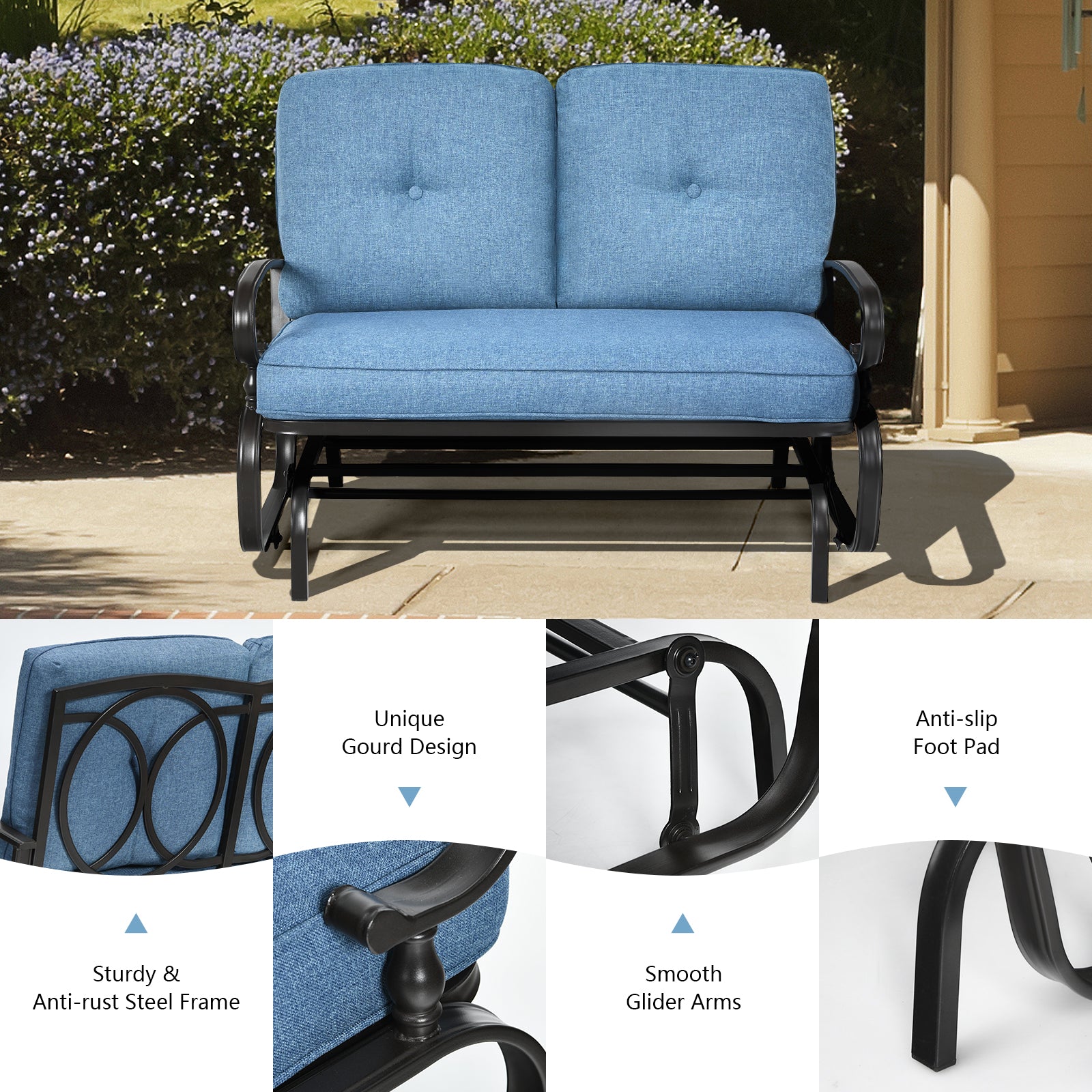 2 Seats Outdoor Swing Glider Chair with Comfortable Cushions, Blue Patio Rocking Chairs & Gliders at Gallery Canada