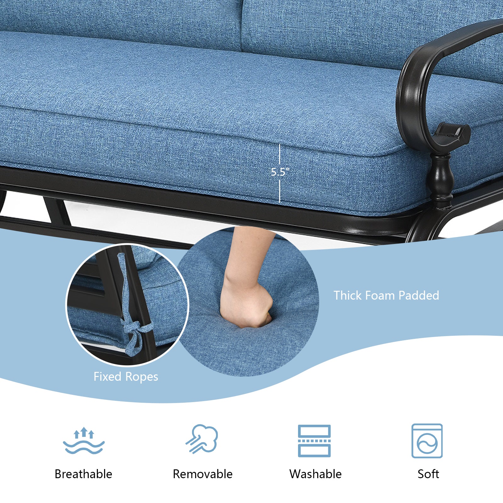 2 Seats Outdoor Swing Glider Chair with Comfortable Cushions, Blue Patio Rocking Chairs & Gliders at Gallery Canada