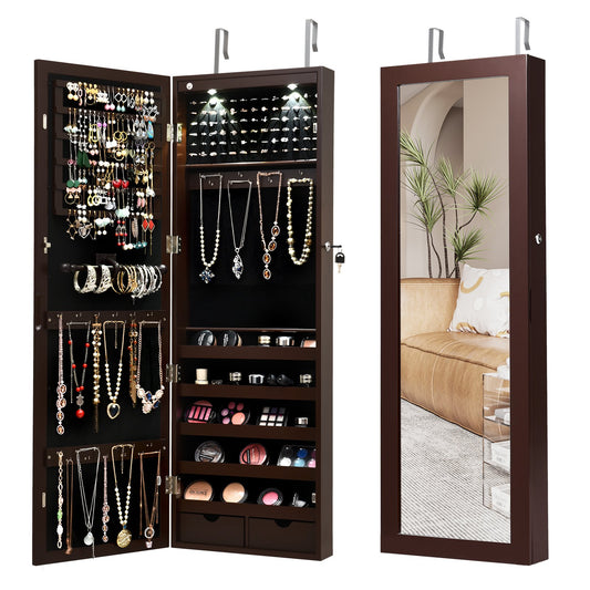 Lockable Wall Mount Mirrored Jewelry Cabinet with LED Lights, Brown - Gallery Canada