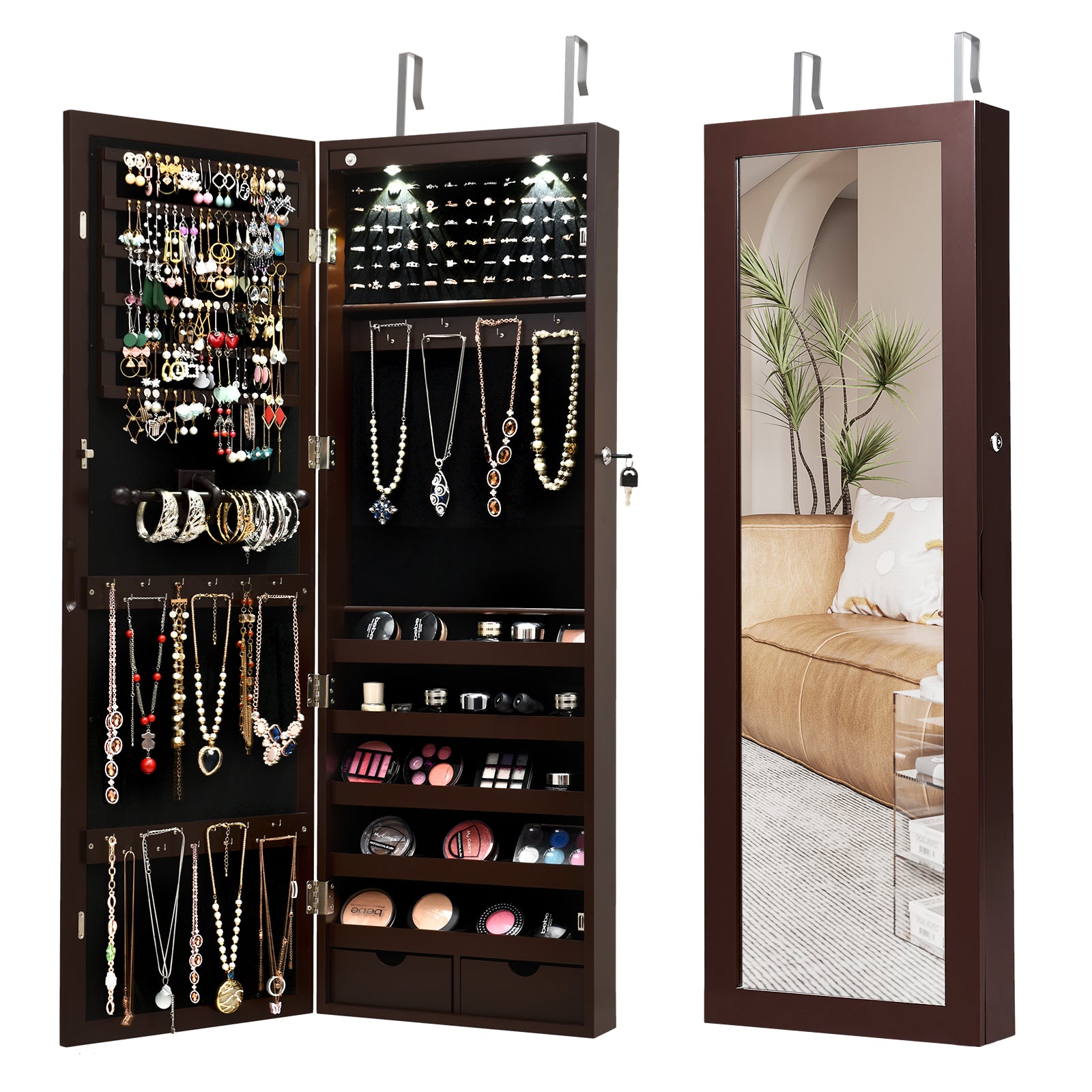 Lockable Wall Mount Jewelry Cabinet, Mirrored With LED Lights, Brown Jewelry Armoires Brown at Gallery Canada