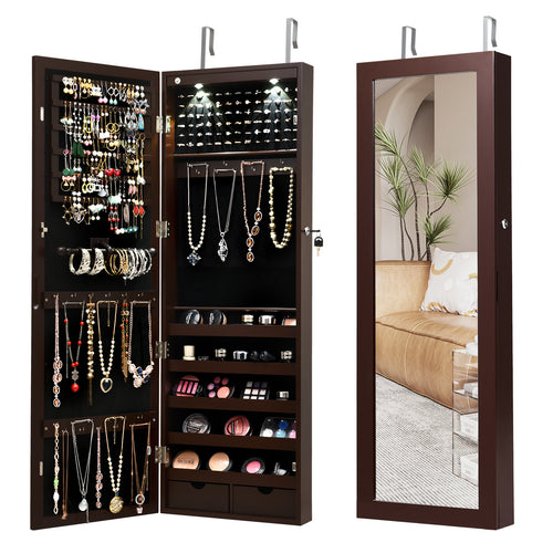 Lockable Wall Mount Jewelry Cabinet, Mirrored With LED Lights, Brown