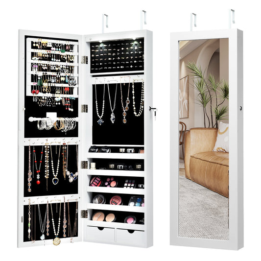 Lockable Wall Mount Mirrored Jewelry Cabinet with LED Lights, White - Gallery Canada