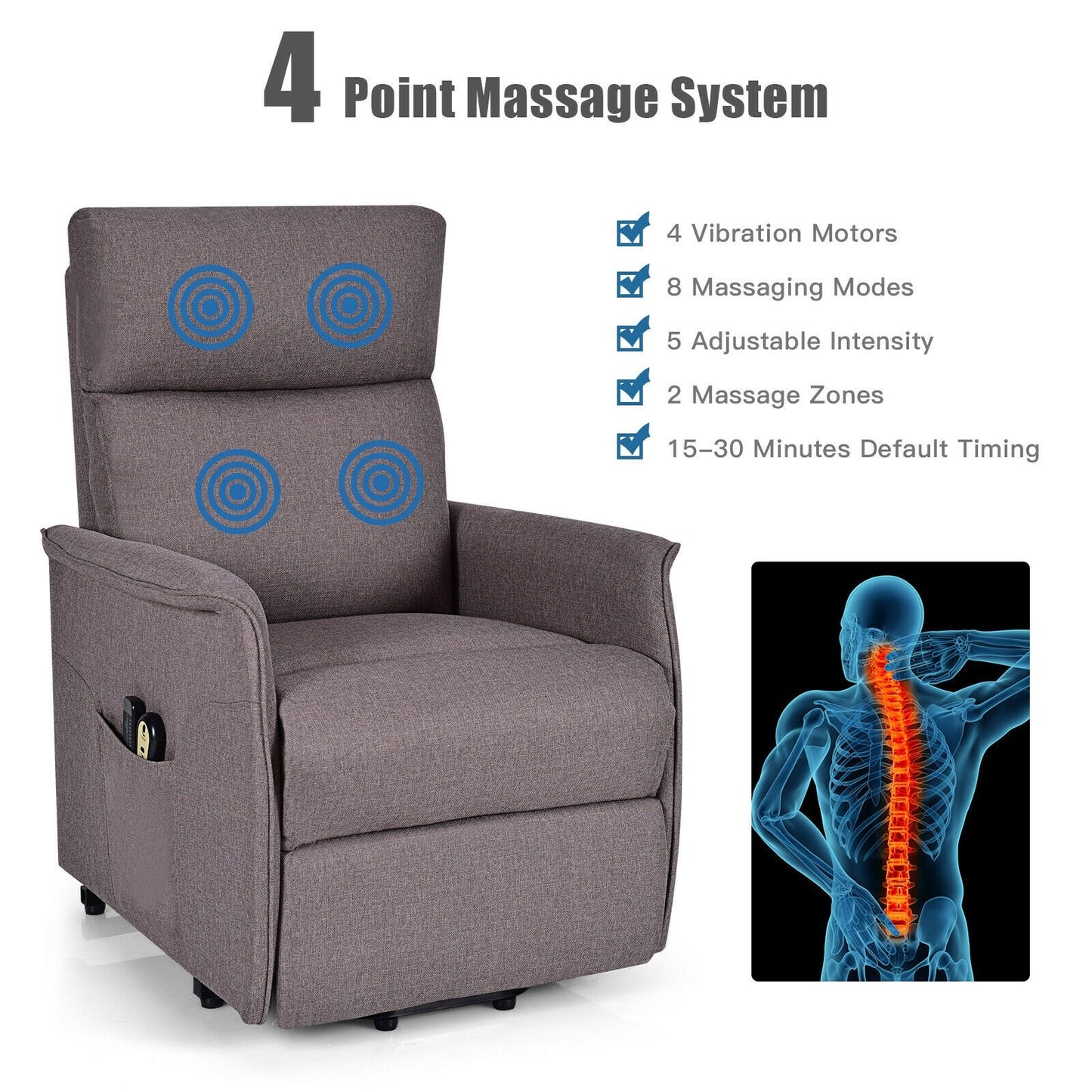 Power Lift Massage Recliner Chair for Elderly with Heavy Padded Cushion, Brown - Gallery Canada