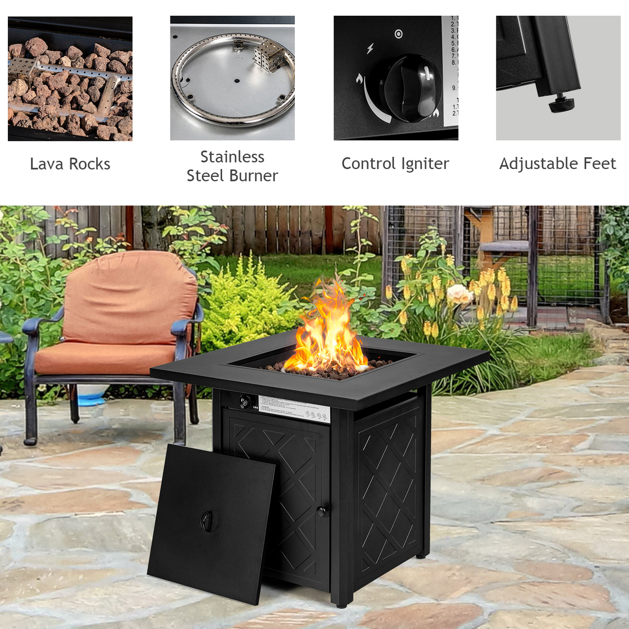 28 Inch Propane 50,000 BTU Patio Square Gas Fireplace with Lava Rock - Gallery View 10 of 11