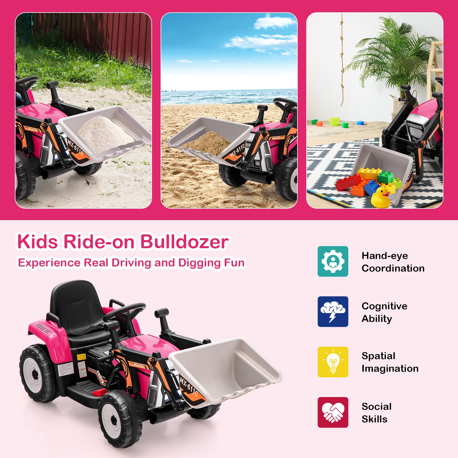 12V Battery Powered Kids Ride on Excavator with Adjustable Arm and Bucket, Pink Powered Ride On Toys at Gallery Canada