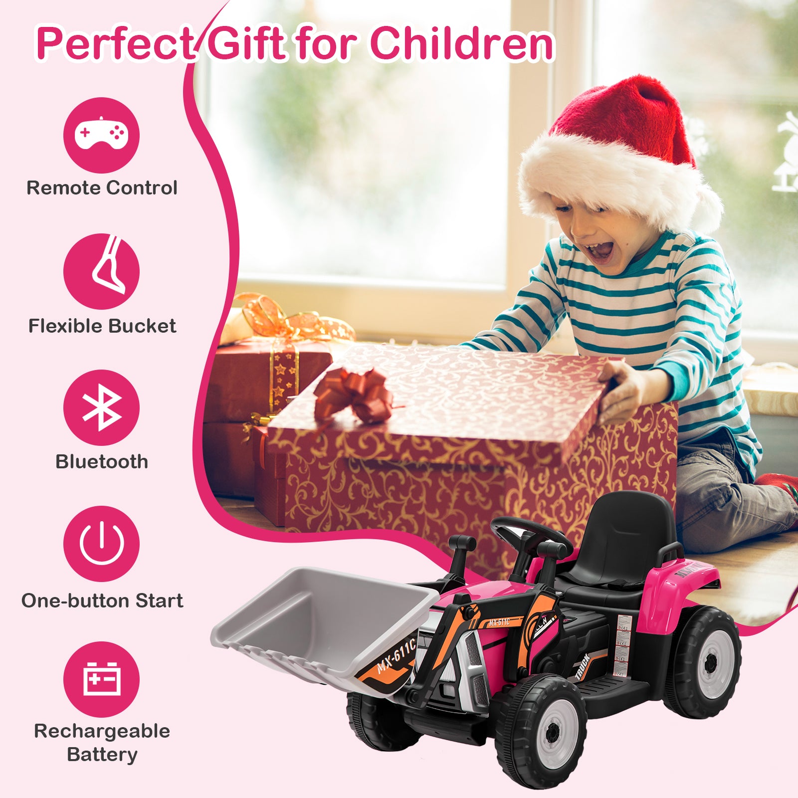 12V Battery Powered Kids Ride on Excavator with Adjustable Arm and Bucket, Pink Powered Ride On Toys at Gallery Canada