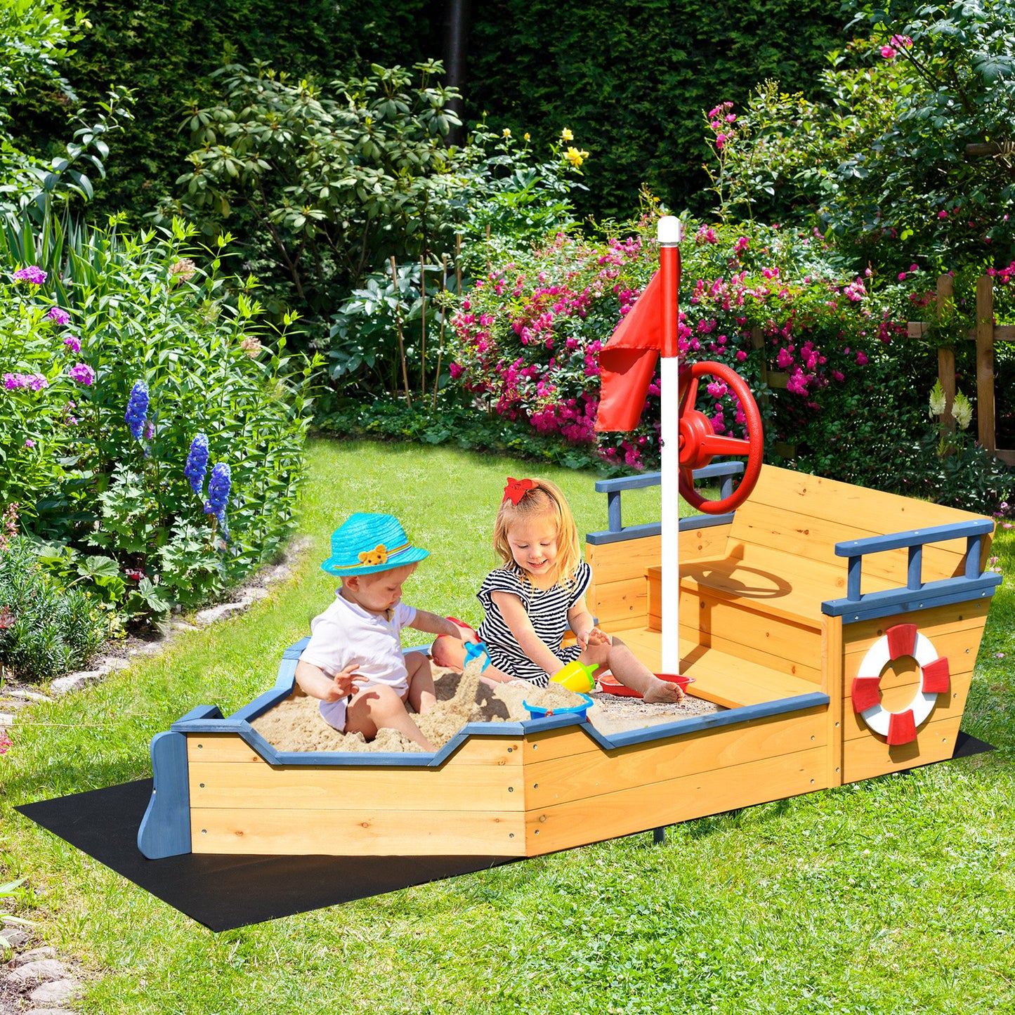 Kids Pirate Boat Wooden Sandbox Children Outdoor Playset, Natural