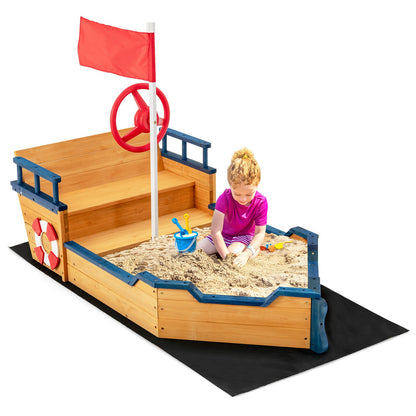 Kids Pirate Boat Wooden Sandbox Children Outdoor Playset, Natural