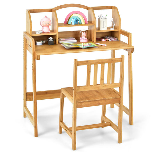 Bamboo Kids Study Desk and Chair Set with Bookshelf, Natural