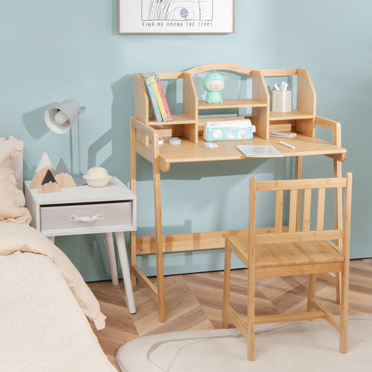 Bamboo Kids Study Desk and Chair Set with Bookshelf, Natural - Gallery Canada