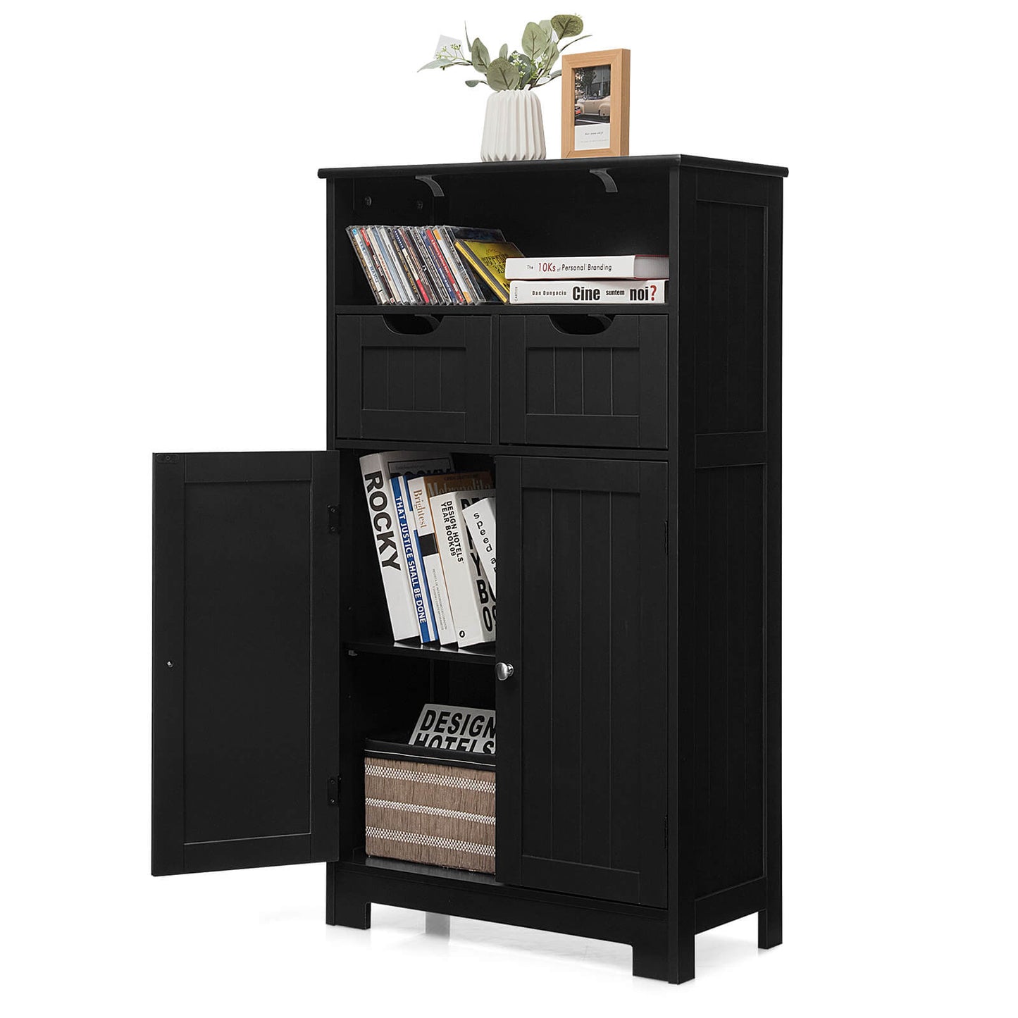 Bathroom Wooden Side Cabinet with 2 Drawers and 2 Doors, Black Floor Cabinets at Gallery Canada