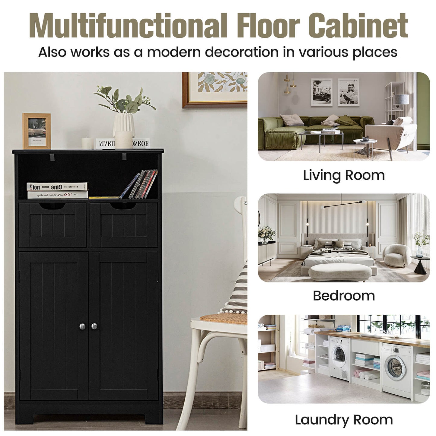 Bathroom Wooden Side Cabinet with 2 Drawers and 2 Doors, Black Floor Cabinets at Gallery Canada