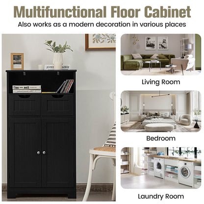 Bathroom Wooden Side Cabinet with 2 Drawers and 2 Doors, Black Floor Cabinets at Gallery Canada
