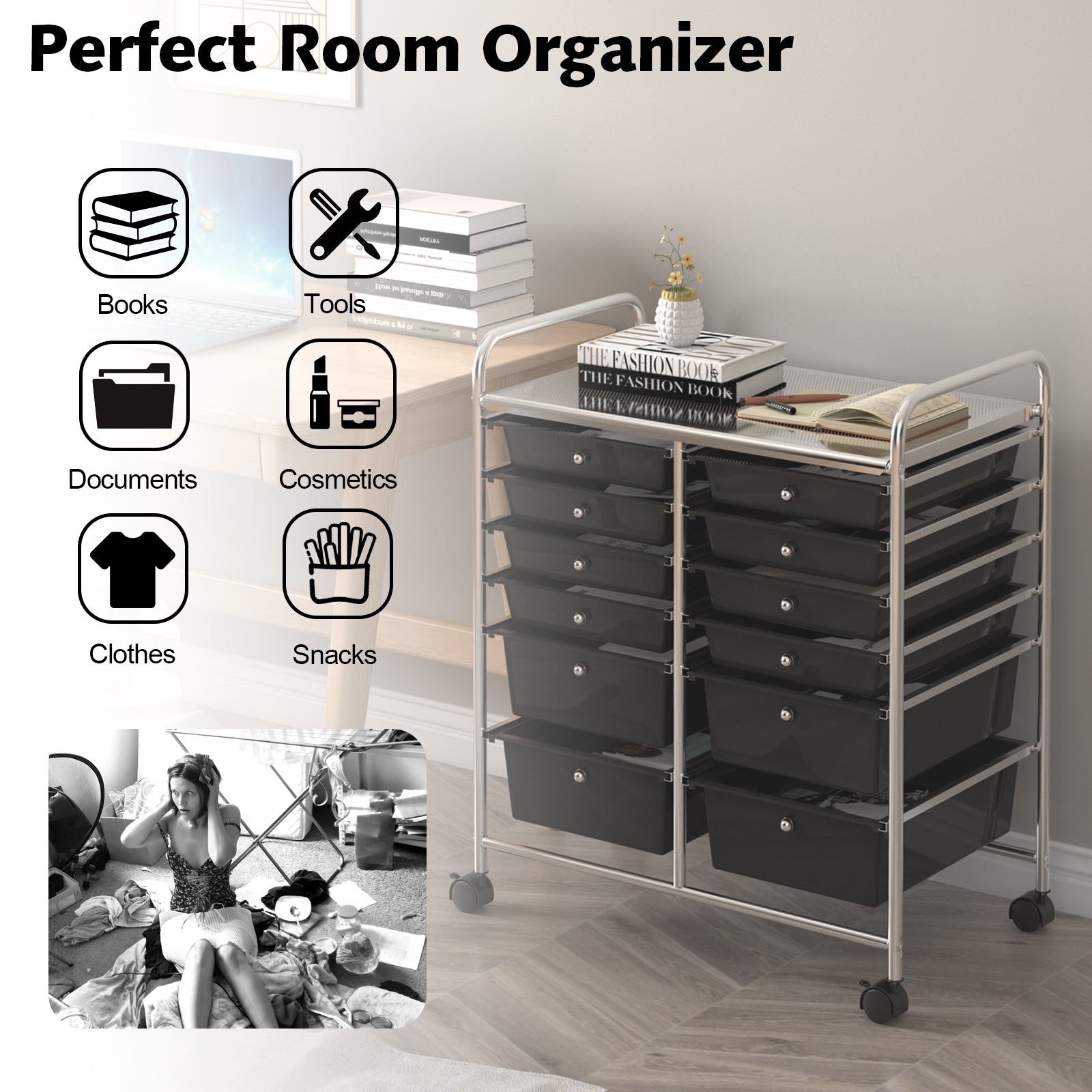 12 Storage Drawer Organizer Bins Rolling Cart, Black File Cabinets at Gallery Canada