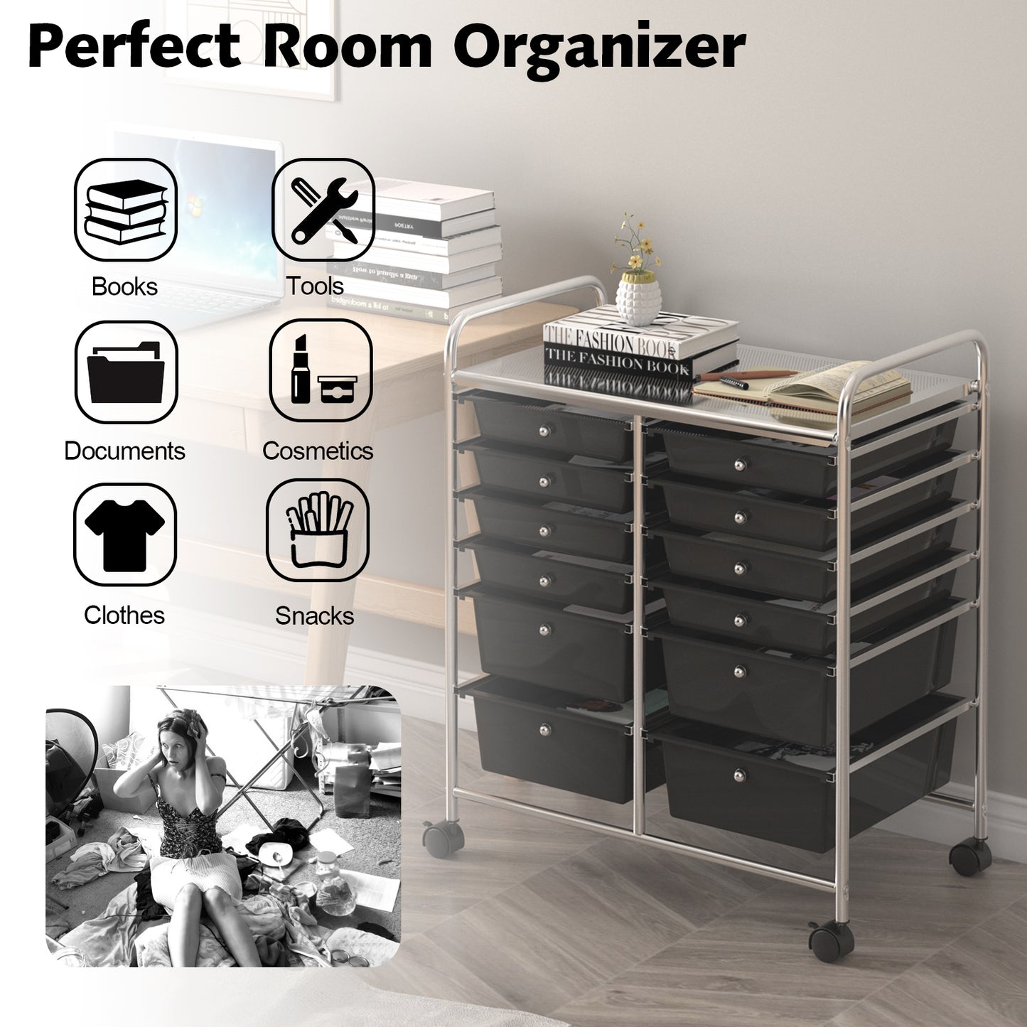 12 Storage Drawer Organizer Bins Rolling Cart, Black