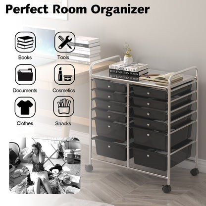 12 Storage Drawer Organizer Bins Rolling Cart, Black